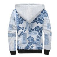 Vintage Hawaii Sherpa Hoodie Hibiscus Tapa Tribal With Hawaiian Quilt Pattern Blue - Wonder Print Shop