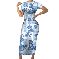 Vintage Hawaii Short Sleeve Bodycon Dress Hibiscus Tapa Tribal With Hawaiian Quilt Pattern Blue - Wonder Print Shop