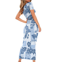 Vintage Hawaii Short Sleeve Bodycon Dress Hibiscus Tapa Tribal With Hawaiian Quilt Pattern Blue - Wonder Print Shop