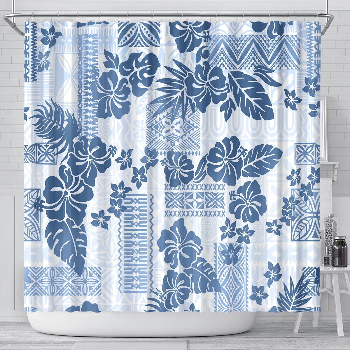 vintage-hawaii-shower-curtain-hibiscus-tapa-tribal-with-hawaiian-quilt-pattern-blue