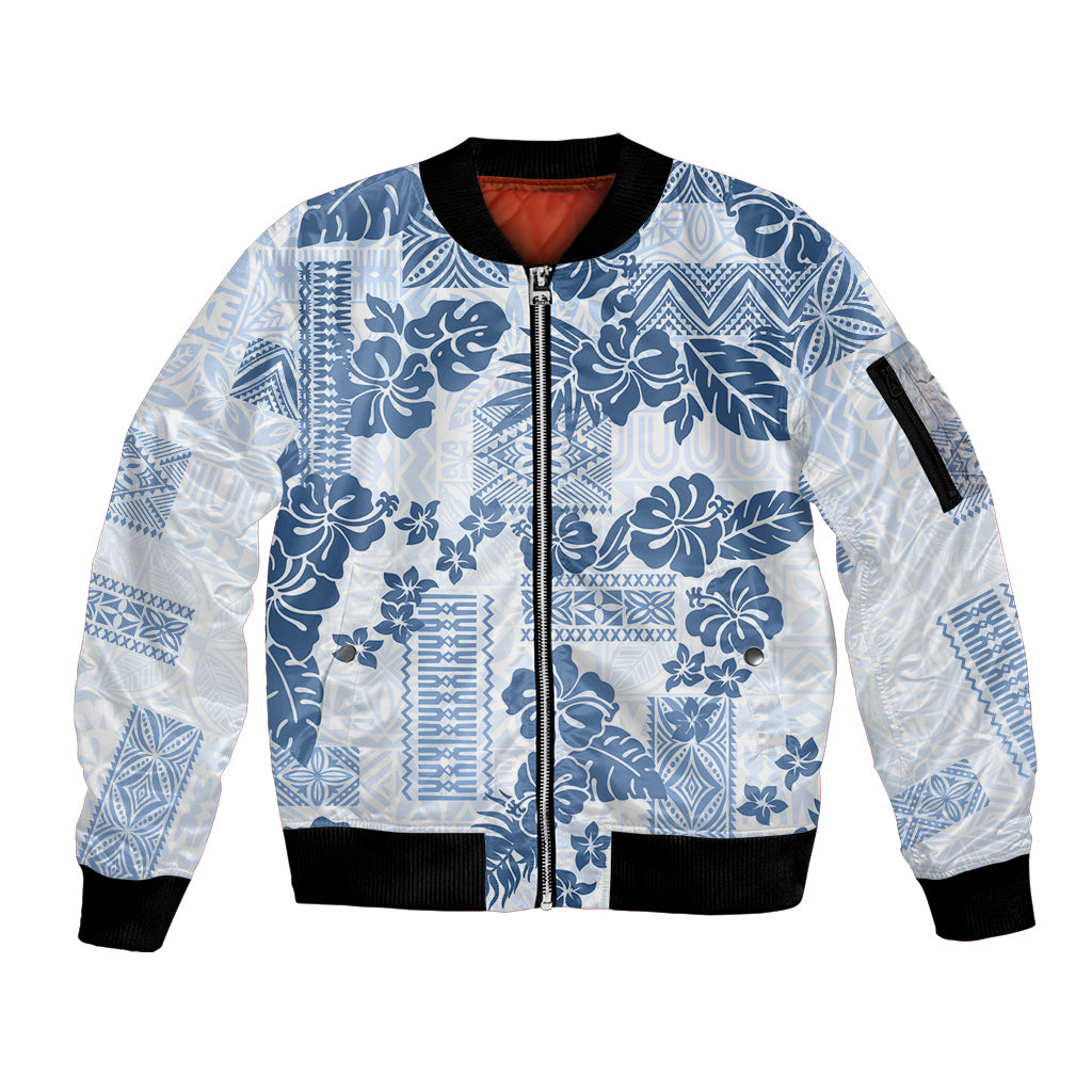 Vintage Hawaii Sleeve Zip Bomber Jacket Hibiscus Tapa Tribal With Hawaiian Quilt Pattern Blue - Wonder Print Shop