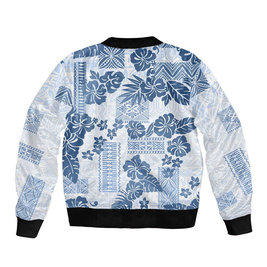 Vintage Hawaii Sleeve Zip Bomber Jacket Hibiscus Tapa Tribal With Hawaiian Quilt Pattern Blue - Wonder Print Shop