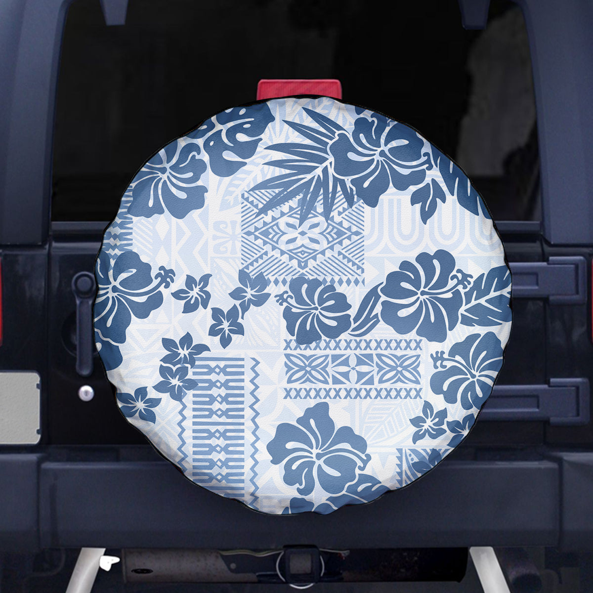 Vintage Hawaii Spare Tire Cover Hibiscus Tapa Tribal With Hawaiian Quilt Pattern Blue - Wonder Print Shop