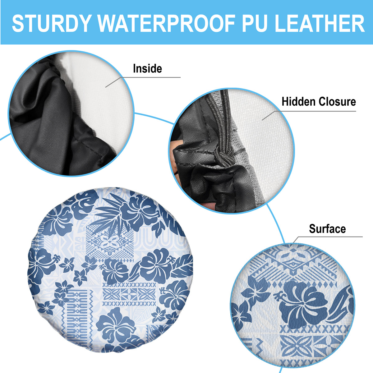 Vintage Hawaii Spare Tire Cover Hibiscus Tapa Tribal With Hawaiian Quilt Pattern Blue - Wonder Print Shop