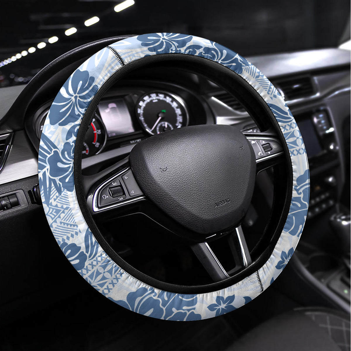 Vintage Hawaii Steering Wheel Cover Hibiscus Tapa Tribal With Hawaiian Quilt Pattern Blue - Wonder Print Shop