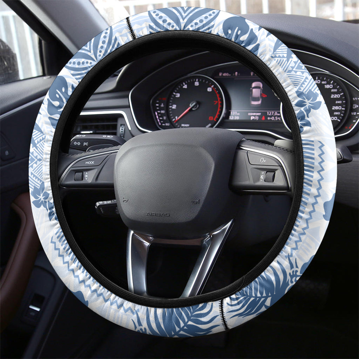 Vintage Hawaii Steering Wheel Cover Hibiscus Tapa Tribal With Hawaiian Quilt Pattern Blue - Wonder Print Shop