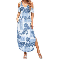 Vintage Hawaii Summer Maxi Dress Hibiscus Tapa Tribal With Hawaiian Quilt Pattern Blue - Wonder Print Shop