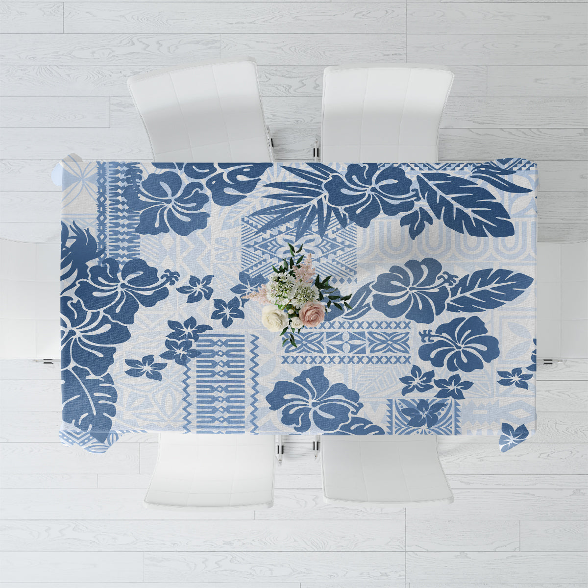 Vintage Hawaii Tablecloth Hibiscus Tapa Tribal With Hawaiian Quilt Pattern Blue - Wonder Print Shop