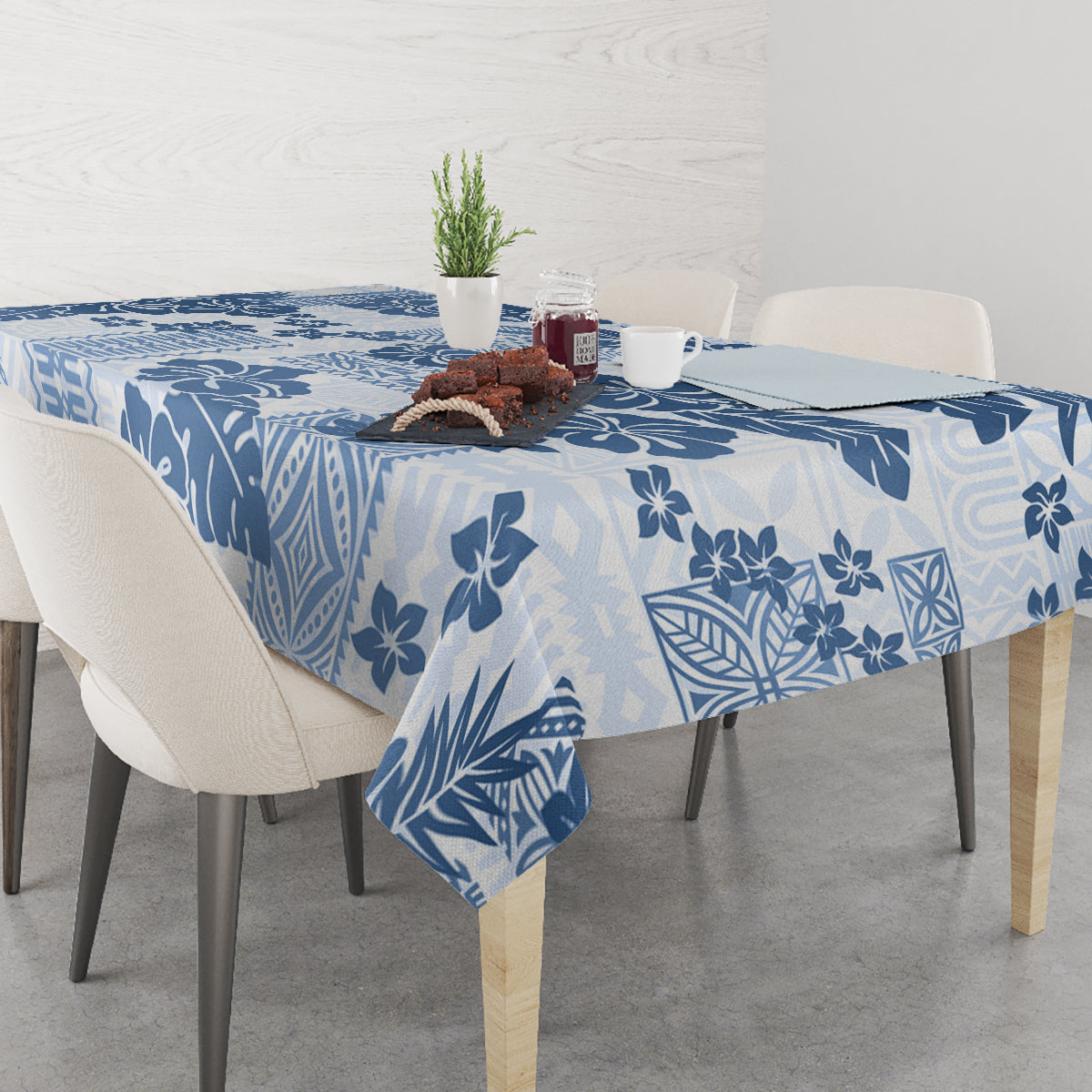 Vintage Hawaii Tablecloth Hibiscus Tapa Tribal With Hawaiian Quilt Pattern Blue - Wonder Print Shop