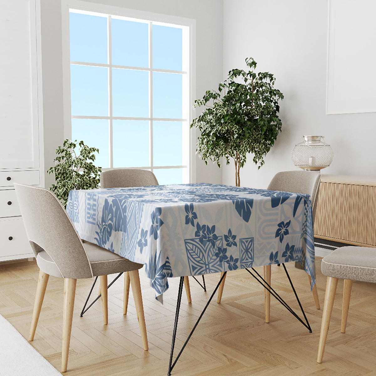 Vintage Hawaii Tablecloth Hibiscus Tapa Tribal With Hawaiian Quilt Pattern Blue - Wonder Print Shop