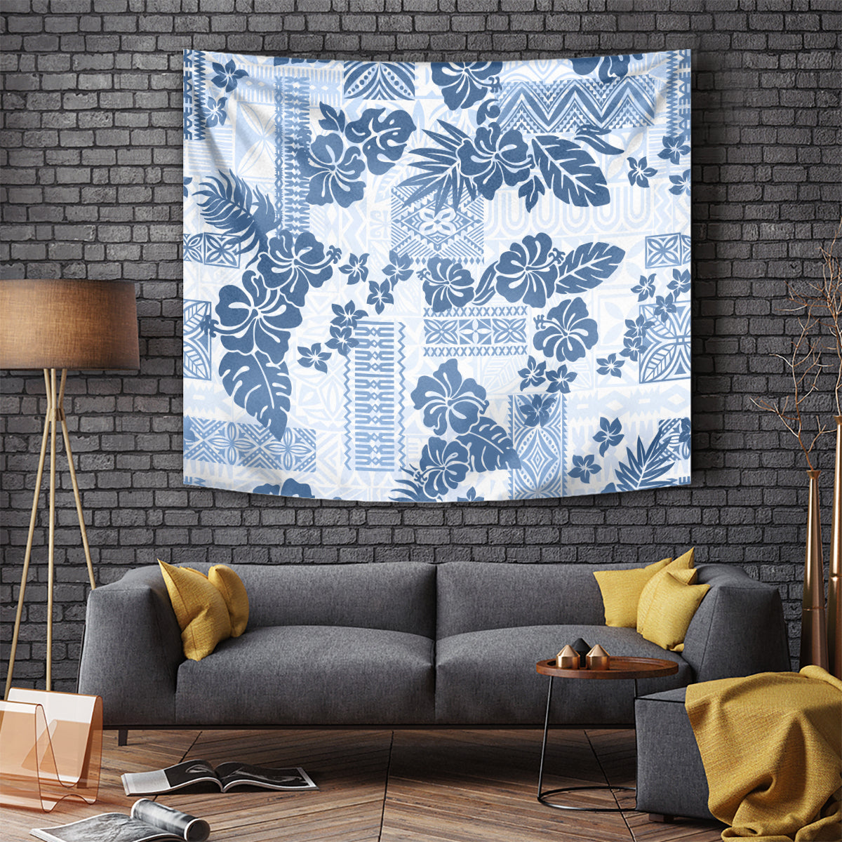 Vintage Hawaii Tapestry Hibiscus Tapa Tribal With Hawaiian Quilt Pattern Blue - Wonder Print Shop