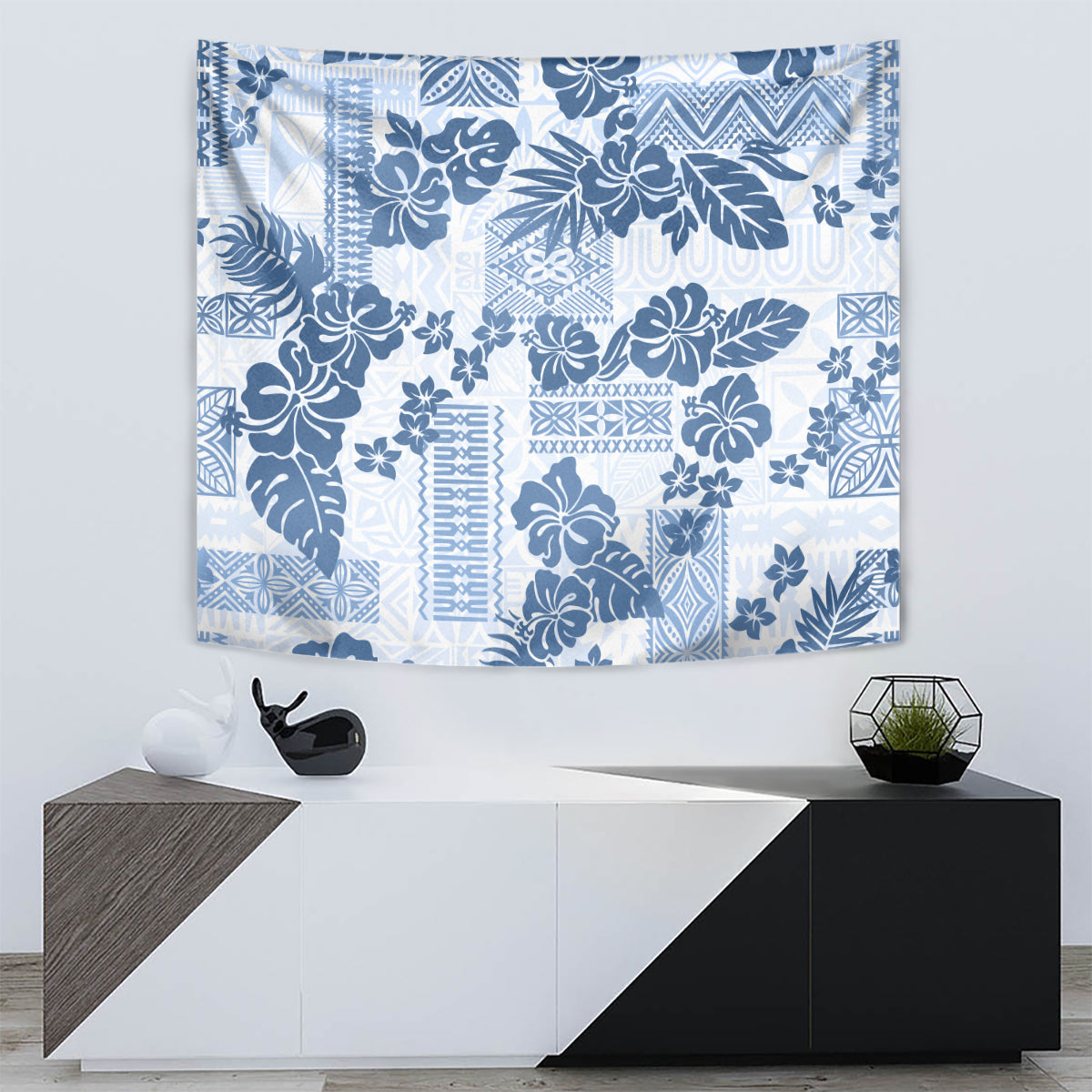 Vintage Hawaii Tapestry Hibiscus Tapa Tribal With Hawaiian Quilt Pattern Blue - Wonder Print Shop