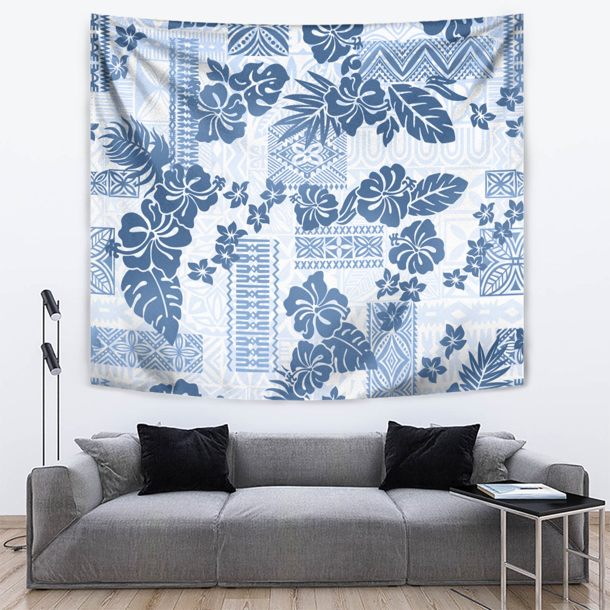 Vintage Hawaii Tapestry Hibiscus Tapa Tribal With Hawaiian Quilt Pattern Blue - Wonder Print Shop