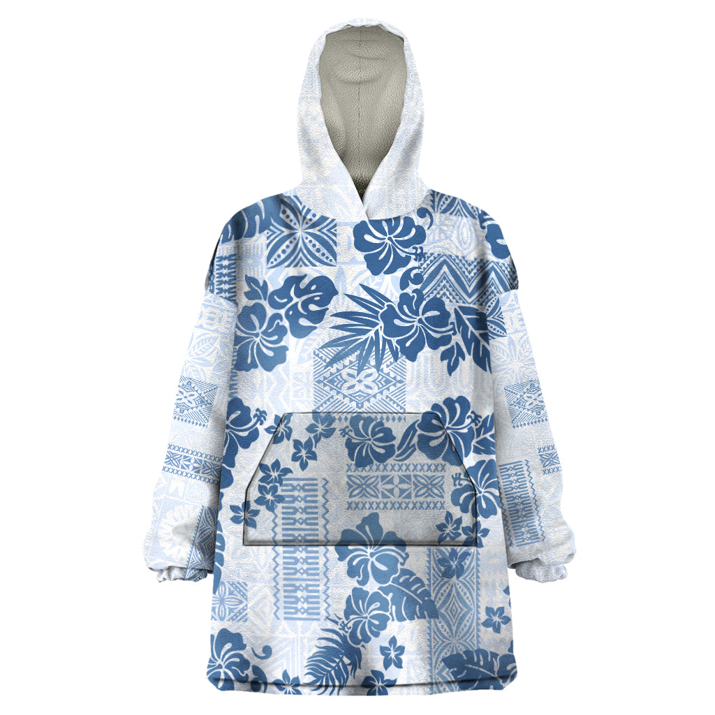 Vintage Hawaii Wearable Blanket Hoodie Hibiscus Tapa Tribal With Hawaiian Quilt Pattern Blue - Wonder Print Shop