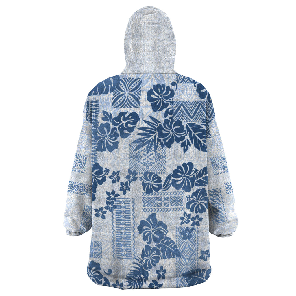 Vintage Hawaii Wearable Blanket Hoodie Hibiscus Tapa Tribal With Hawaiian Quilt Pattern Blue - Wonder Print Shop