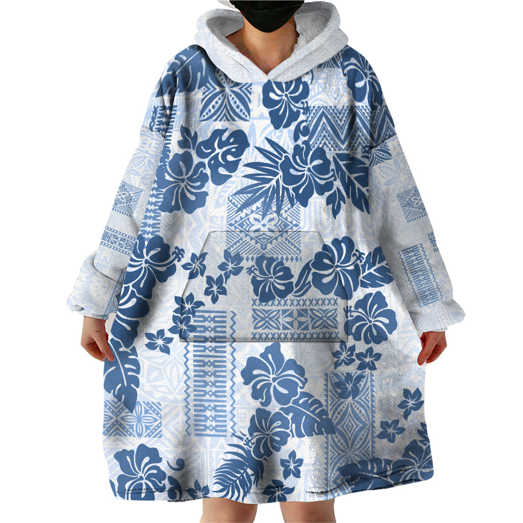 Vintage Hawaii Wearable Blanket Hoodie Hibiscus Tapa Tribal With Hawaiian Quilt Pattern Blue - Wonder Print Shop