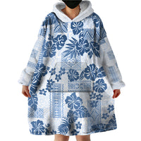 Vintage Hawaii Wearable Blanket Hoodie Hibiscus Tapa Tribal With Hawaiian Quilt Pattern Blue - Wonder Print Shop