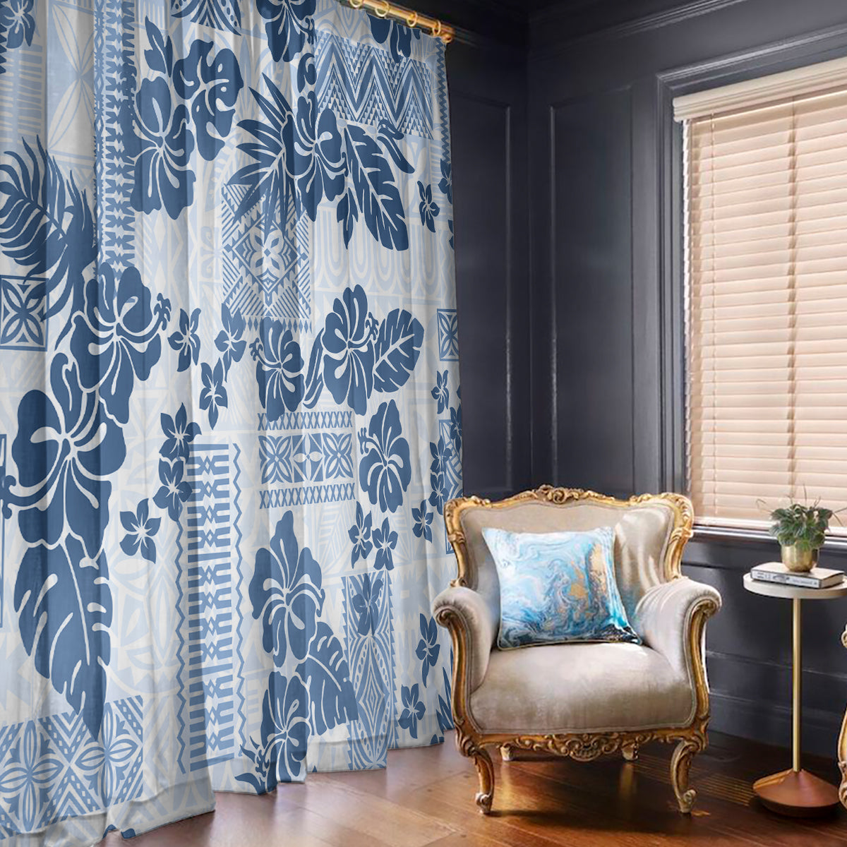 Vintage Hawaii Window Curtain Hibiscus Tapa Tribal With Hawaiian Quilt Pattern Blue - Wonder Print Shop