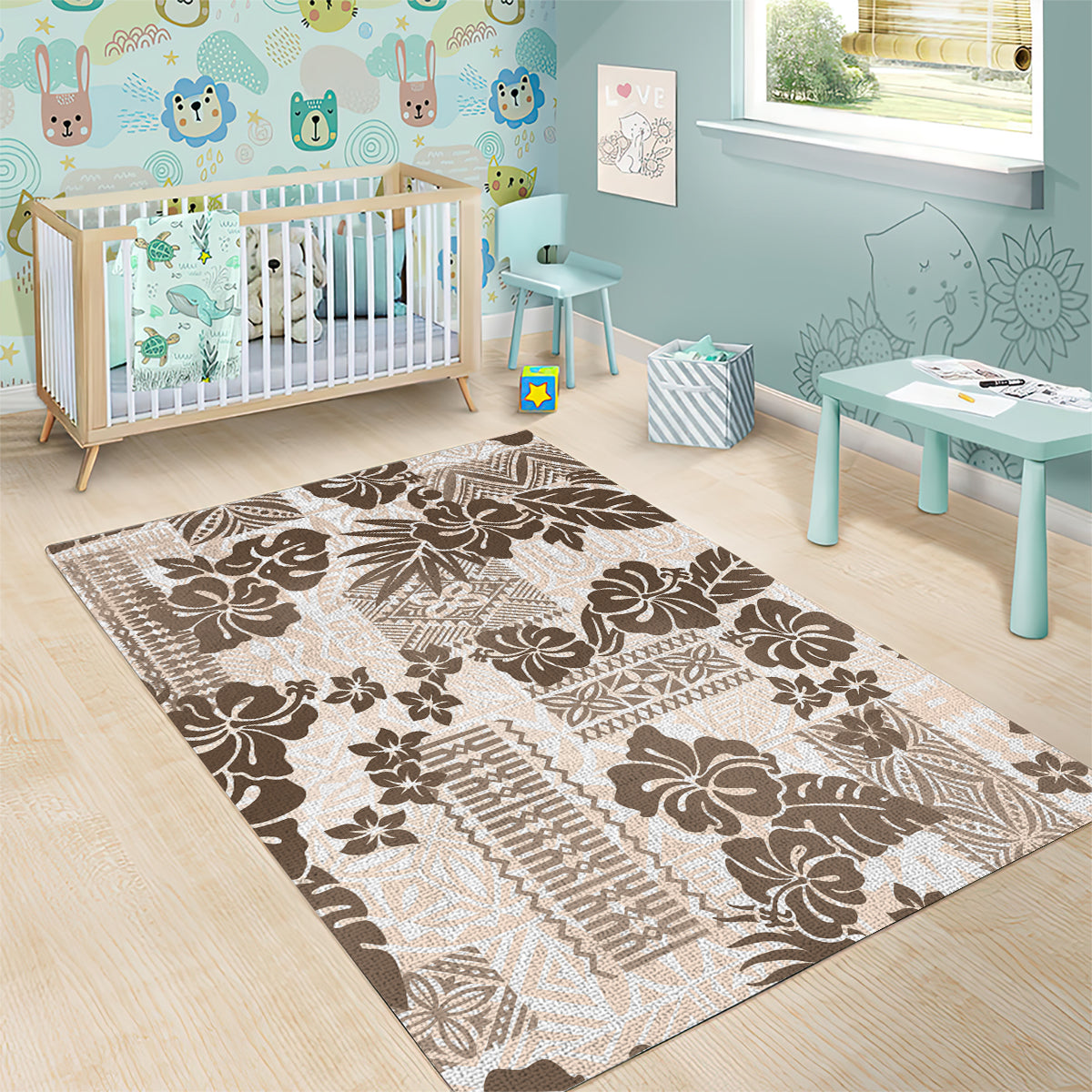 Vintage Hawaii Area Rug Hibiscus Tapa Tribal With Hawaiian Quilt Pattern Gold LT9 - Wonder Print Shop