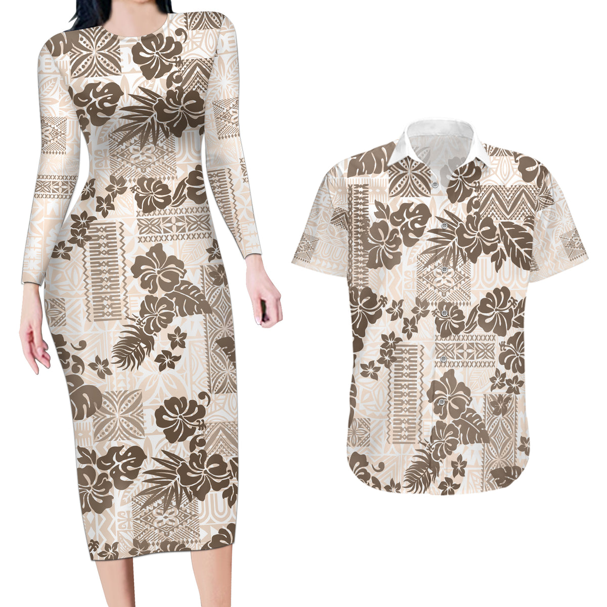 Vintage Hawaii Couples Matching Long Sleeve Bodycon Dress and Hawaiian Shirt Hibiscus Tapa Tribal With Hawaiian Quilt Pattern Gold LT9 - Wonder Print Shop