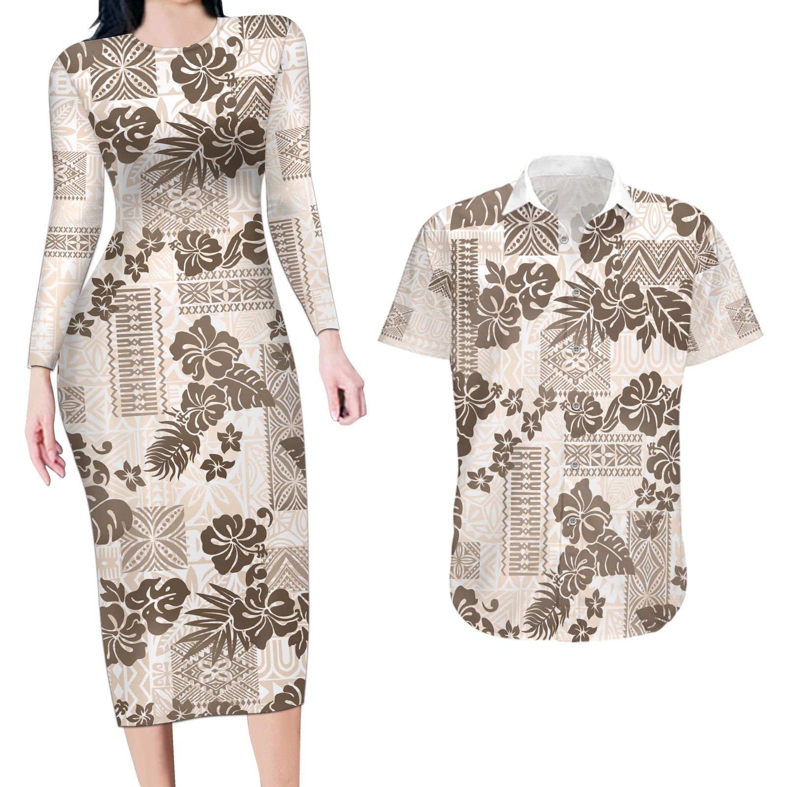 Vintage Hawaii Couples Matching Long Sleeve Bodycon Dress and Hawaiian Shirt Hibiscus Tapa Tribal With Hawaiian Quilt Pattern Gold LT9 - Wonder Print Shop