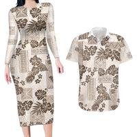 Vintage Hawaii Couples Matching Long Sleeve Bodycon Dress and Hawaiian Shirt Hibiscus Tapa Tribal With Hawaiian Quilt Pattern Gold LT9 - Wonder Print Shop