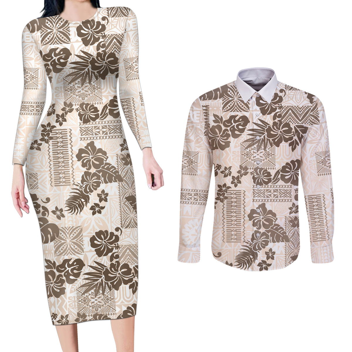Vintage Hawaii Couples Matching Long Sleeve Bodycon Dress and Long Sleeve Button Shirt Hibiscus Tapa Tribal With Hawaiian Quilt Pattern Gold LT9 - Wonder Print Shop