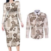 Vintage Hawaii Couples Matching Long Sleeve Bodycon Dress and Long Sleeve Button Shirt Hibiscus Tapa Tribal With Hawaiian Quilt Pattern Gold LT9 - Wonder Print Shop