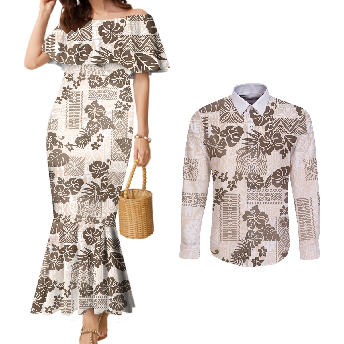 vintage-hawaii-couples-matching-mermaid-dress-and-long-sleeve-button-shirt-hibiscus-tapa-tribal-with-hawaiian-quilt-pattern-gold