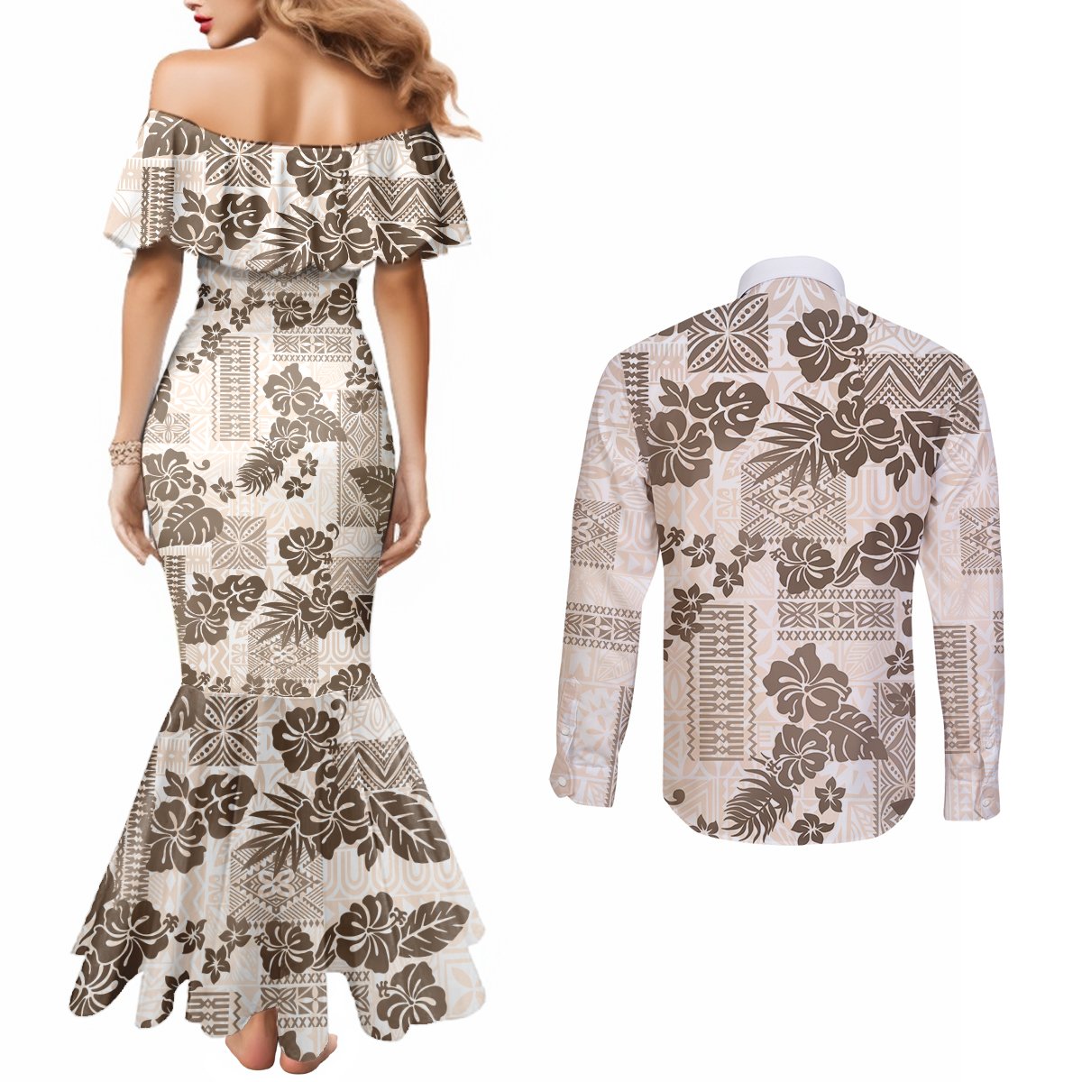 vintage-hawaii-couples-matching-mermaid-dress-and-long-sleeve-button-shirt-hibiscus-tapa-tribal-with-hawaiian-quilt-pattern-gold