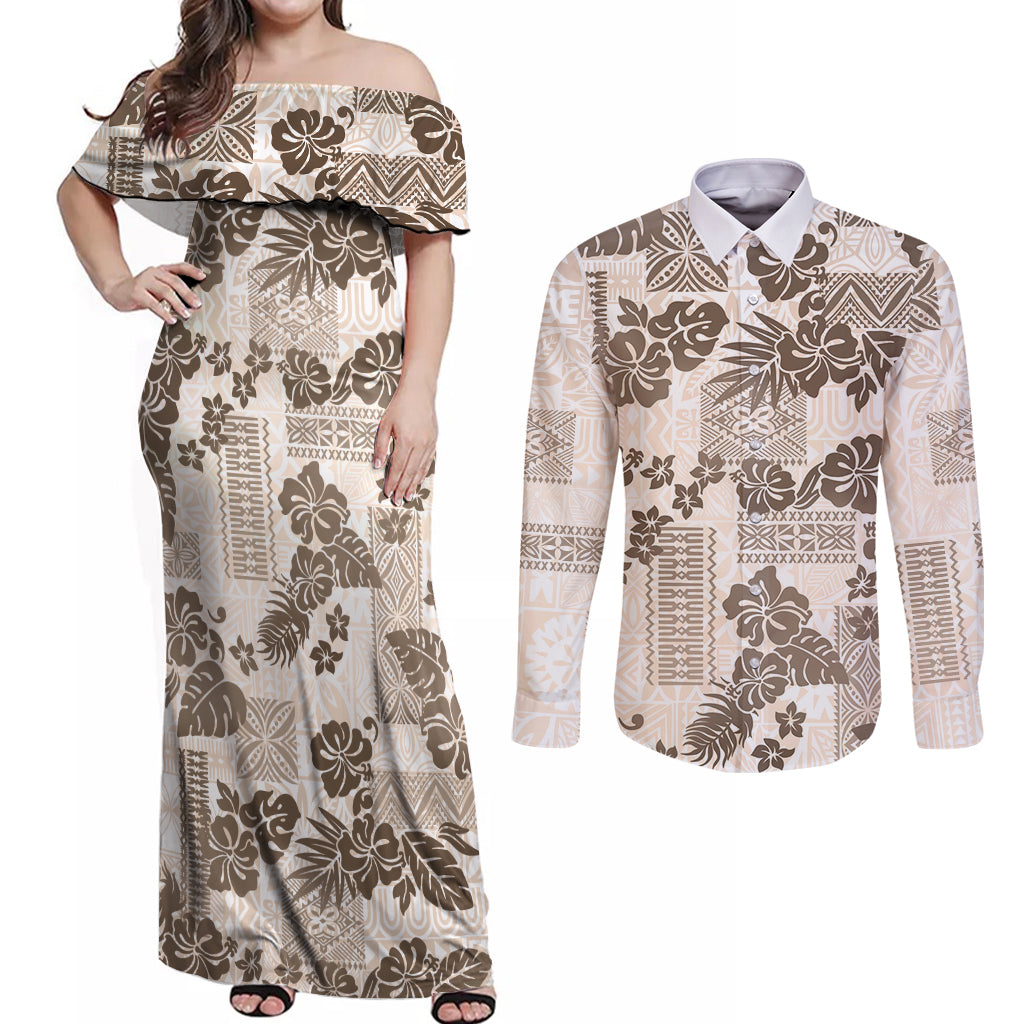 Vintage Hawaii Couples Matching Off Shoulder Maxi Dress and Long Sleeve Button Shirt Hibiscus Tapa Tribal With Hawaiian Quilt Pattern Gold LT9 - Wonder Print Shop