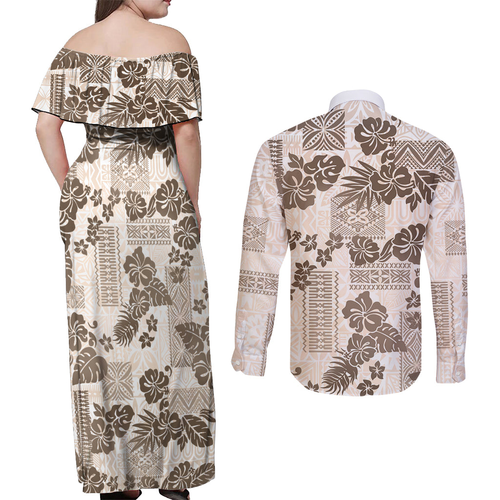 Vintage Hawaii Couples Matching Off Shoulder Maxi Dress and Long Sleeve Button Shirt Hibiscus Tapa Tribal With Hawaiian Quilt Pattern Gold LT9 - Wonder Print Shop