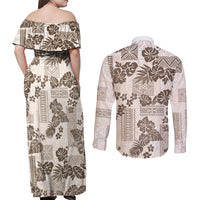 Vintage Hawaii Couples Matching Off Shoulder Maxi Dress and Long Sleeve Button Shirt Hibiscus Tapa Tribal With Hawaiian Quilt Pattern Gold LT9 - Wonder Print Shop