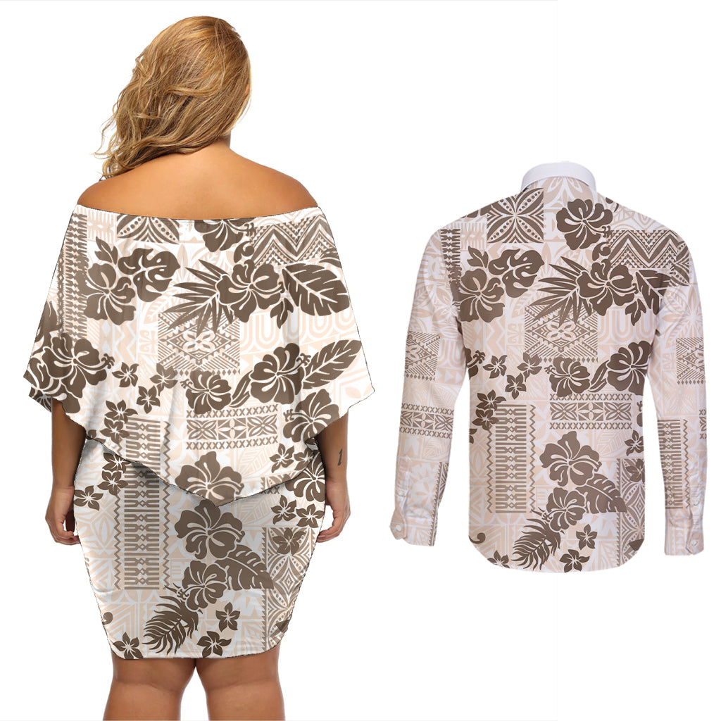 Vintage Hawaii Couples Matching Off Shoulder Short Dress and Long Sleeve Button Shirt Hibiscus Tapa Tribal With Hawaiian Quilt Pattern Gold LT9 - Wonder Print Shop