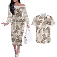 Vintage Hawaii Couples Matching Off The Shoulder Long Sleeve Dress and Hawaiian Shirt Hibiscus Tapa Tribal With Hawaiian Quilt Pattern Gold LT9 - Wonder Print Shop