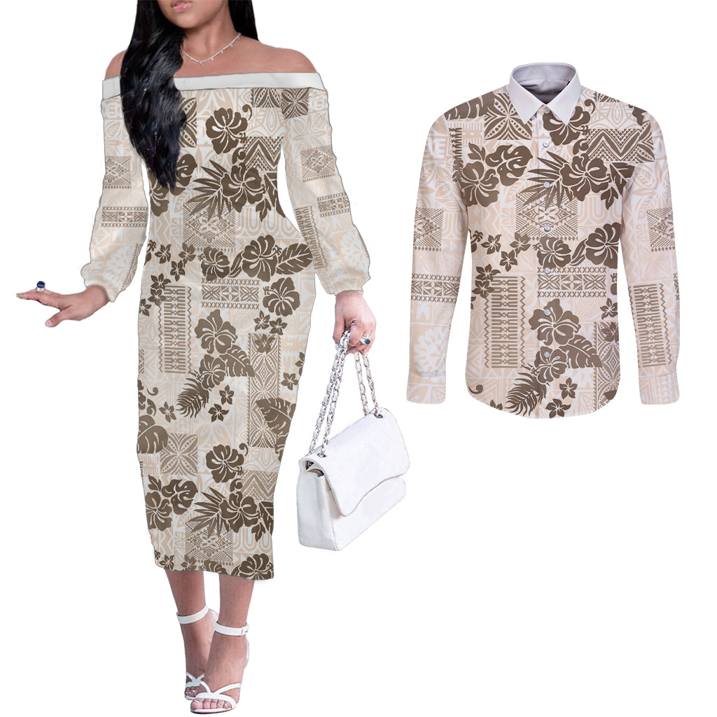 vintage-hawaii-couples-matching-off-the-shoulder-long-sleeve-dress-and-long-sleeve-button-shirt-hibiscus-tapa-tribal-with-hawaiian-quilt-pattern-gold