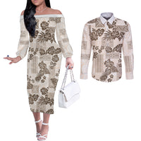 vintage-hawaii-couples-matching-off-the-shoulder-long-sleeve-dress-and-long-sleeve-button-shirt-hibiscus-tapa-tribal-with-hawaiian-quilt-pattern-gold