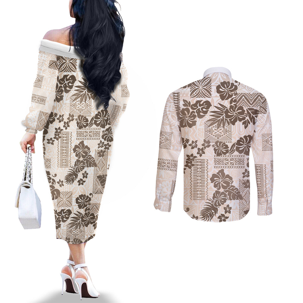 vintage-hawaii-couples-matching-off-the-shoulder-long-sleeve-dress-and-long-sleeve-button-shirt-hibiscus-tapa-tribal-with-hawaiian-quilt-pattern-gold