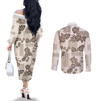 vintage-hawaii-couples-matching-off-the-shoulder-long-sleeve-dress-and-long-sleeve-button-shirt-hibiscus-tapa-tribal-with-hawaiian-quilt-pattern-gold