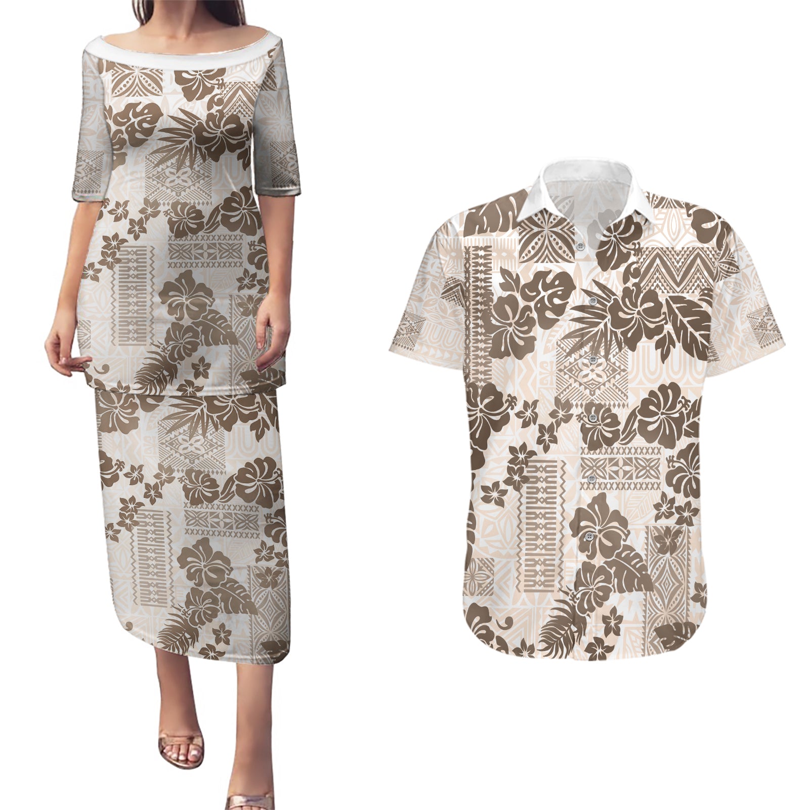Vintage Hawaii Couples Matching Puletasi Dress and Hawaiian Shirt Hibiscus Tapa Tribal With Hawaiian Quilt Pattern Gold LT9 - Wonder Print Shop
