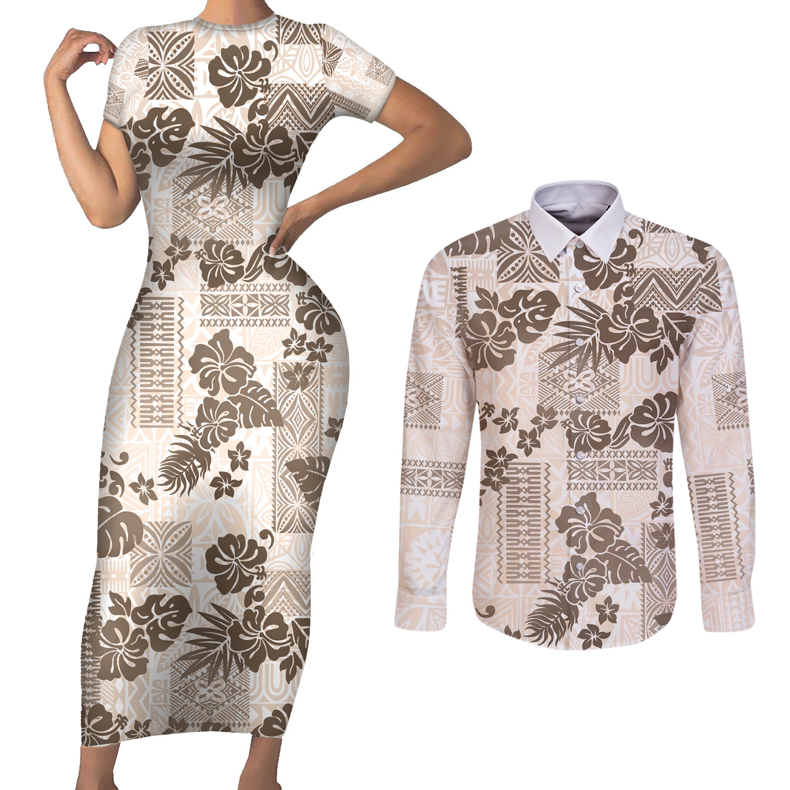 Vintage Hawaii Couples Matching Short Sleeve Bodycon Dress and Long Sleeve Button Shirt Hibiscus Tapa Tribal With Hawaiian Quilt Pattern Gold LT9 - Wonder Print Shop