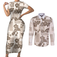 Vintage Hawaii Couples Matching Short Sleeve Bodycon Dress and Long Sleeve Button Shirt Hibiscus Tapa Tribal With Hawaiian Quilt Pattern Gold LT9 - Wonder Print Shop
