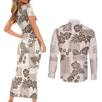 Vintage Hawaii Couples Matching Short Sleeve Bodycon Dress and Long Sleeve Button Shirt Hibiscus Tapa Tribal With Hawaiian Quilt Pattern Gold LT9 - Wonder Print Shop