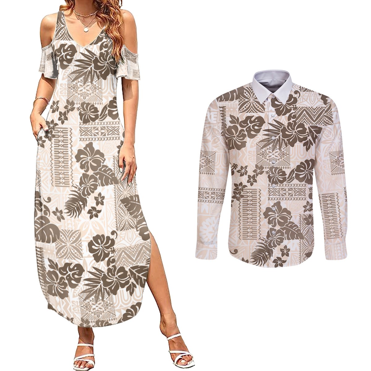 Vintage Hawaii Couples Matching Summer Maxi Dress and Long Sleeve Button Shirt Hibiscus Tapa Tribal With Hawaiian Quilt Pattern Gold LT9 - Wonder Print Shop