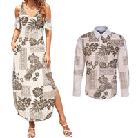 Vintage Hawaii Couples Matching Summer Maxi Dress and Long Sleeve Button Shirt Hibiscus Tapa Tribal With Hawaiian Quilt Pattern Gold LT9 - Wonder Print Shop