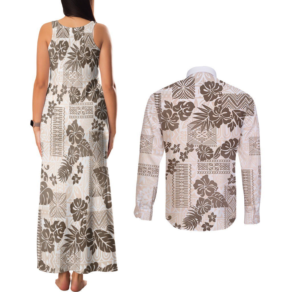 Vintage Hawaii Couples Matching Tank Maxi Dress and Long Sleeve Button Shirt Hibiscus Tapa Tribal With Hawaiian Quilt Pattern Gold LT9 - Wonder Print Shop