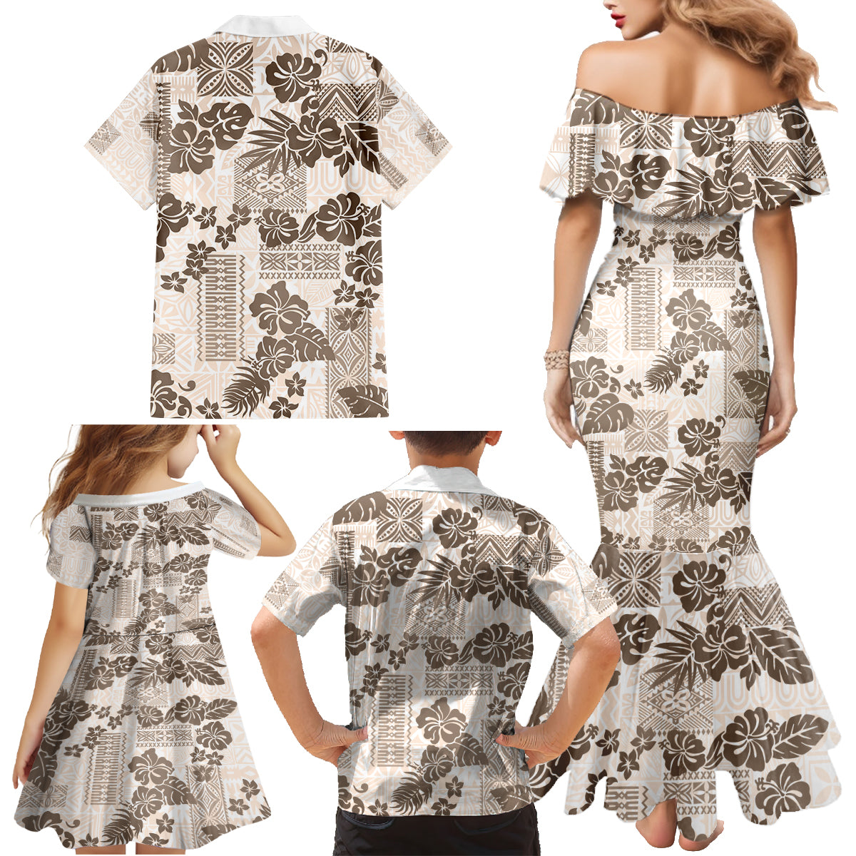 Vintage Hawaii Family Matching Mermaid Dress and Hawaiian Shirt Hibiscus Tapa Tribal With Hawaiian Quilt Pattern Gold LT9 - Wonder Print Shop