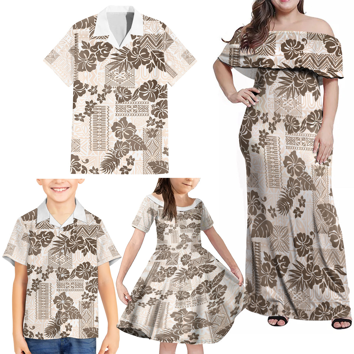 Vintage Hawaii Family Matching Off Shoulder Maxi Dress and Hawaiian Shirt Hibiscus Tapa Tribal With Hawaiian Quilt Pattern Gold LT9 - Wonder Print Shop