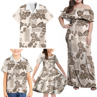 Vintage Hawaii Family Matching Off Shoulder Maxi Dress and Hawaiian Shirt Hibiscus Tapa Tribal With Hawaiian Quilt Pattern Gold LT9 - Wonder Print Shop