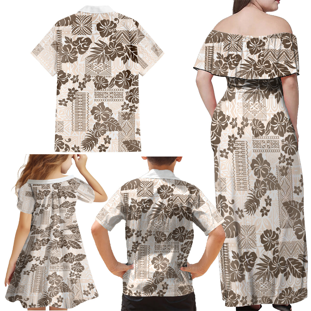 Vintage Hawaii Family Matching Off Shoulder Maxi Dress and Hawaiian Shirt Hibiscus Tapa Tribal With Hawaiian Quilt Pattern Gold LT9 - Wonder Print Shop